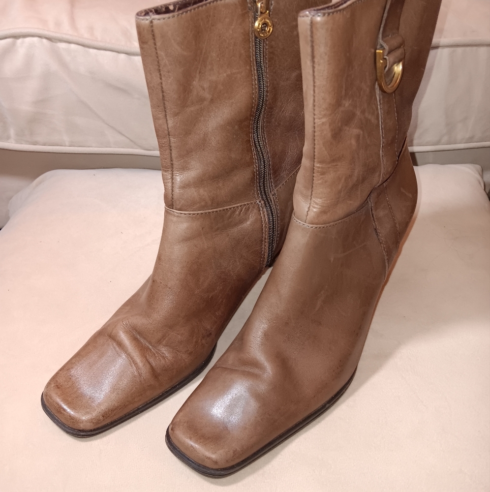 Etienne Aigner Brown Leather Square Toe Heeled Boots Size 8M